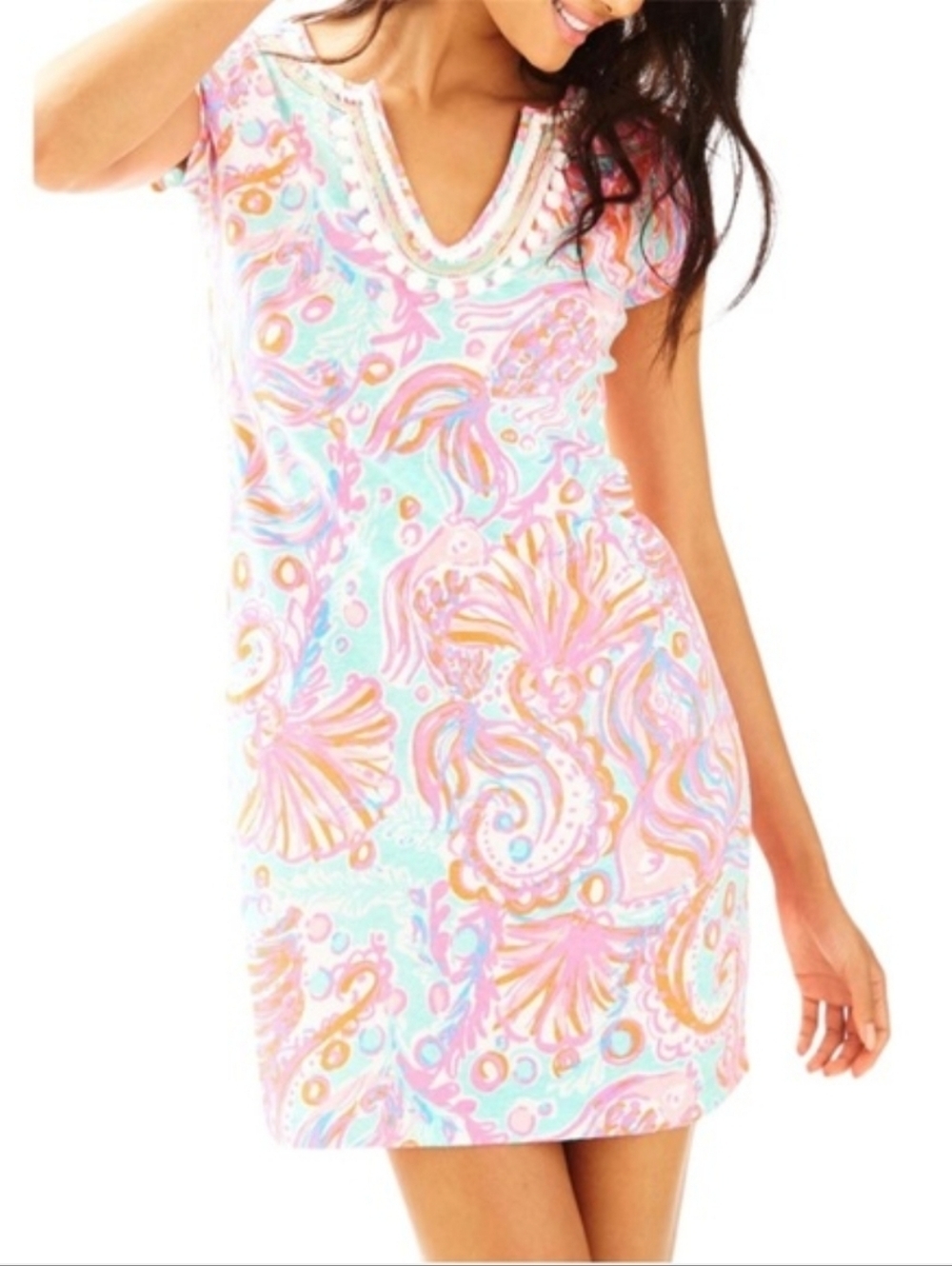 Lilly Pulitzer Harper Fish Print Novelty Neck Shift Shirt Dress Linen Cotton XS